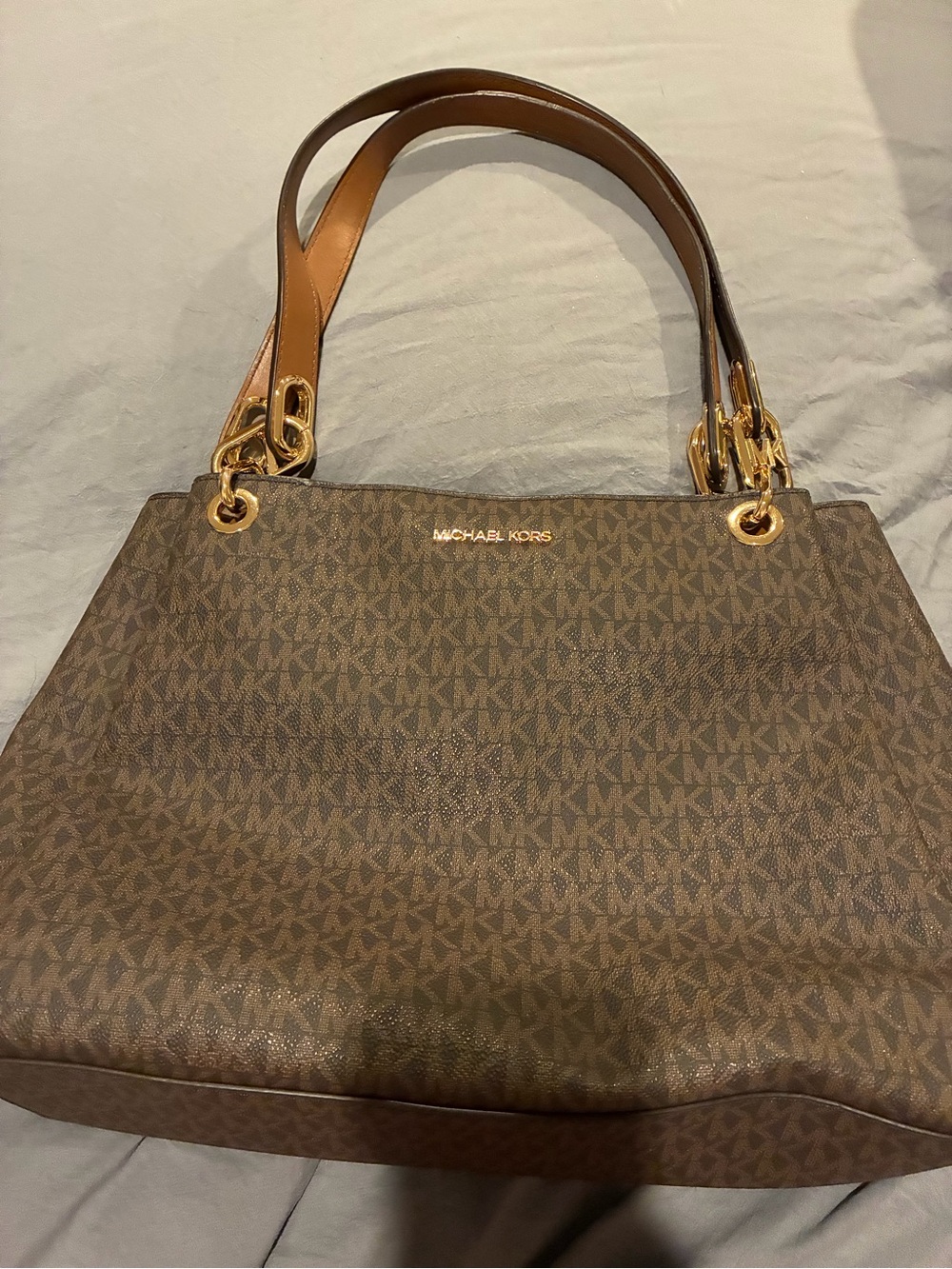 Michael Kors Brown Monogram Shoulder Bag with Gold Hardware